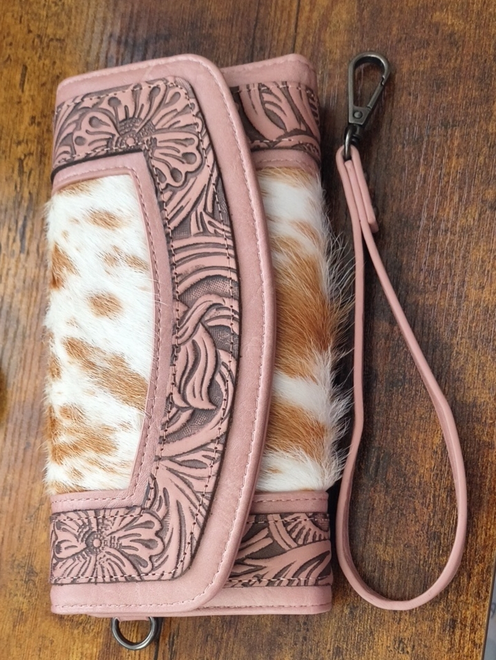 Pink Tooled Leather & Haircalf Wristlet Clutch
